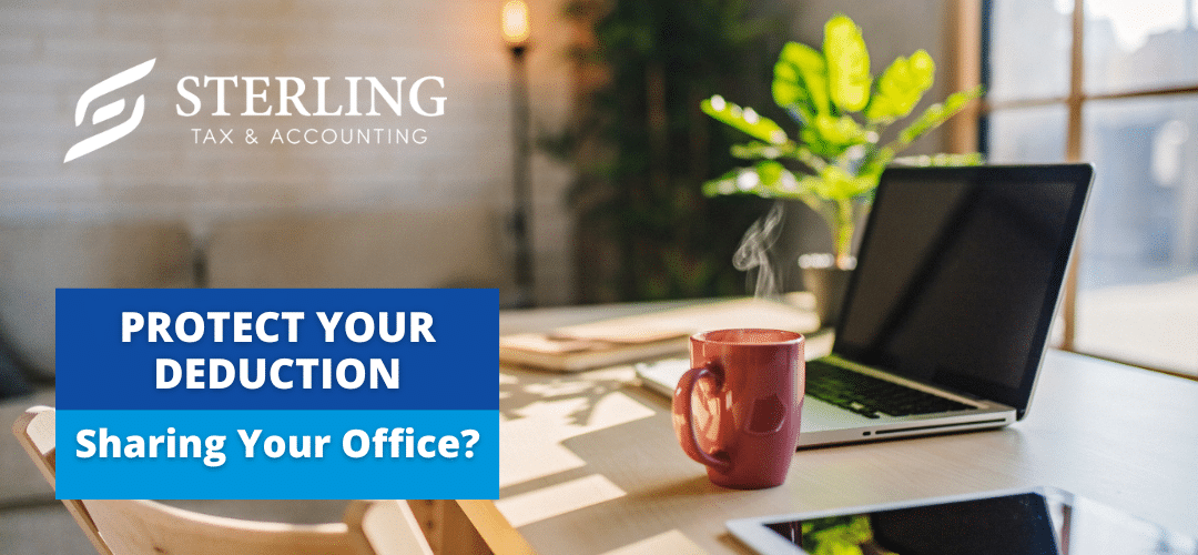 Image of a home office. There is a window with light coming in. A desk and an open laptop and a cup of coffee. Representing a home office deduction for multiple businesses.